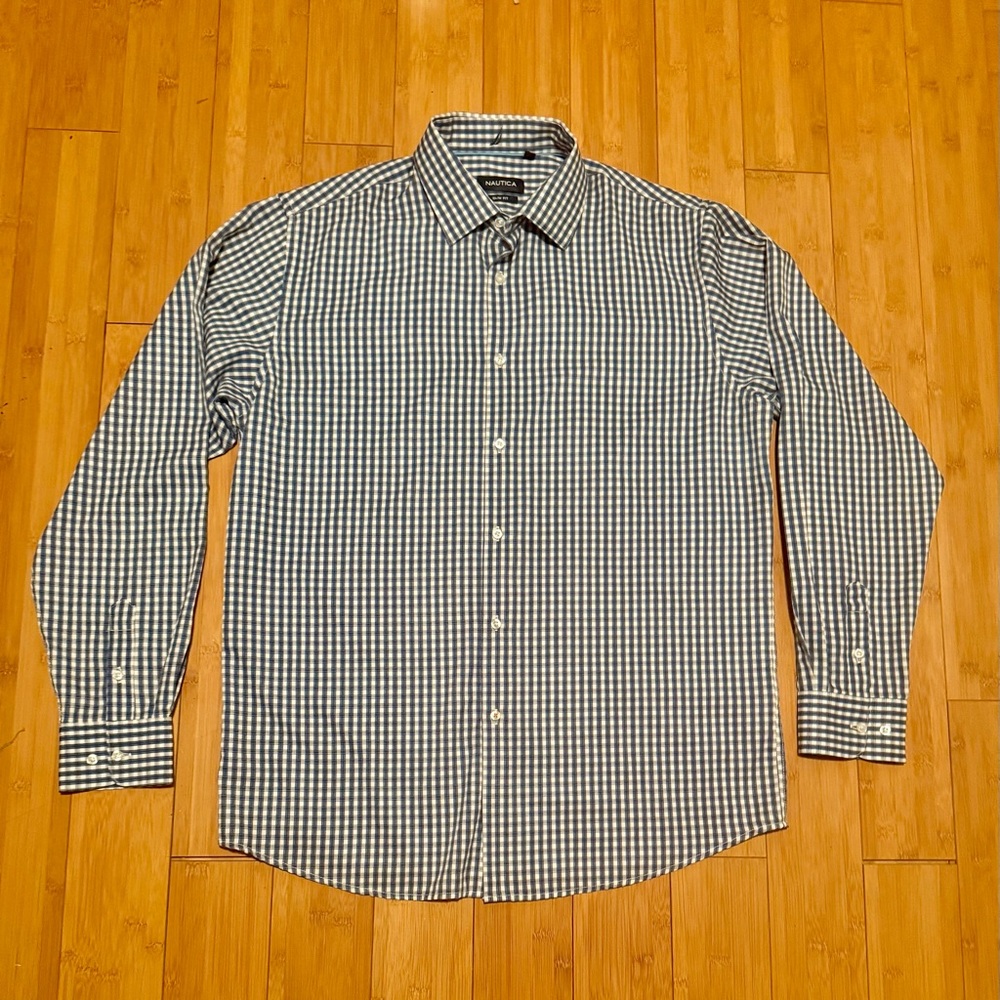 Nautica Blue and white checkered button-up shirt size Large